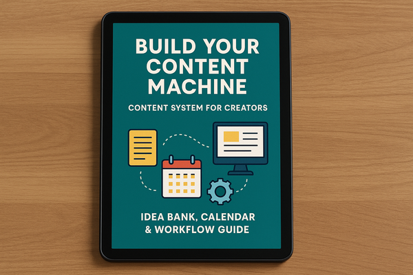 A digital device, such as a tablet or e-reader, prominently displaying the ebook cover titled 'Build Your Content Machine | Content System for Creators | Idea Bank, Calendar & Workflow Guide'. The cover features a modern design with vibrant colors, appealing typography, and eye-catching graphics that reflect the themes of content creation and organization. The device rests on a clean, neutral surface, suggesting a professional setting, ideal for creators looking to enhance their workflow.
