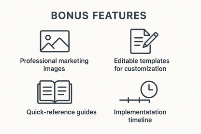 A visually engaging graphic showcasing a collection of professional marketing images that exude creativity and professionalism. The design features colorful editable templates that suggest customization options, along with quick-reference guides and an implementation timeline depicted in a clear and organized layout. This image is tailored for promotional use, emphasizing the valuable bonus features offered.
