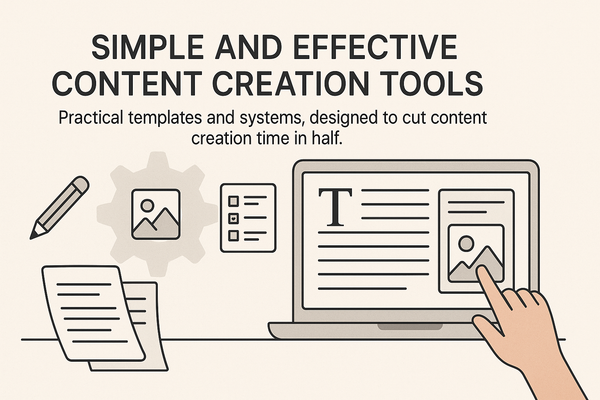 A minimal landscape banner showcasing a variety of streamlined content creation tools and practical templates, designed to significantly reduce content production time. The design emphasizes simplicity and efficiency, creating an inviting and professional look suitable for a content marketing campaign.
