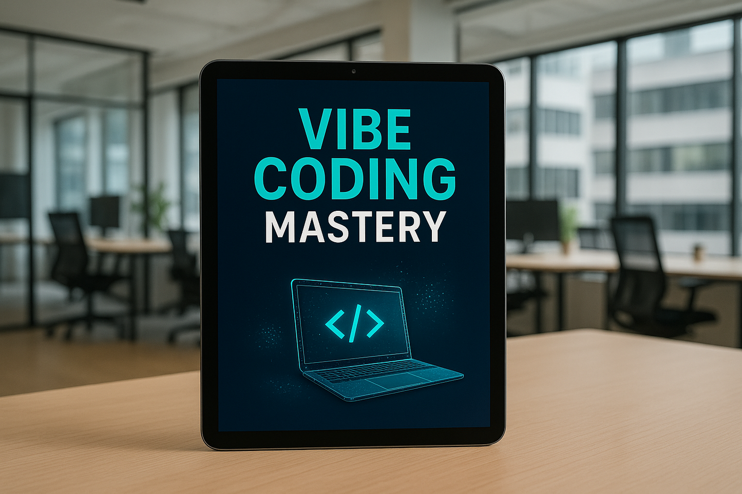 An ebook cover titled 'Vibe Coding Mastery' displayed on a sleek digital tablet, set against a modern office background featuring stylish decor, bright lighting, and minimalist furnishings. The cover design combines vibrant colors and contemporary typography, projecting a dynamic and engaging vibe for aspiring coders.
