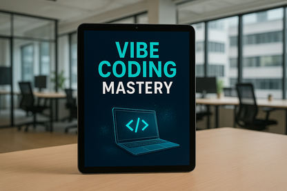 An ebook cover titled 'Vibe Coding Mastery' displayed on a sleek digital tablet, set against a modern office background featuring stylish decor, bright lighting, and minimalist furnishings. The cover design combines vibrant colors and contemporary typography, projecting a dynamic and engaging vibe for aspiring coders.