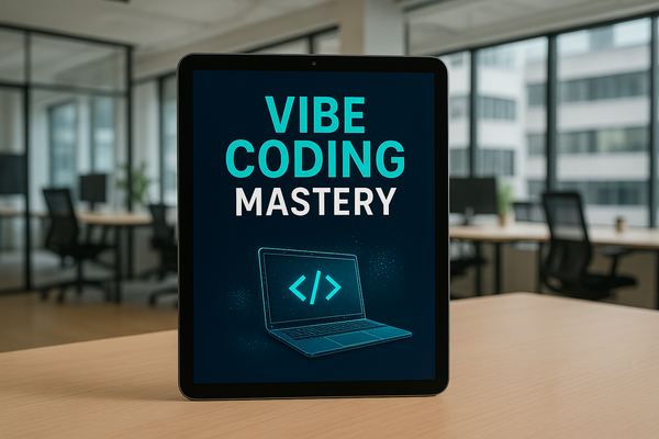 An ebook cover titled 'Vibe Coding Mastery' displayed on a sleek digital tablet, set against a modern office background featuring stylish decor, bright lighting, and minimalist furnishings. The cover design combines vibrant colors and contemporary typography, projecting a dynamic and engaging vibe for aspiring coders.