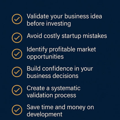 List of business advice on a dark blue background with gold checkmarks.