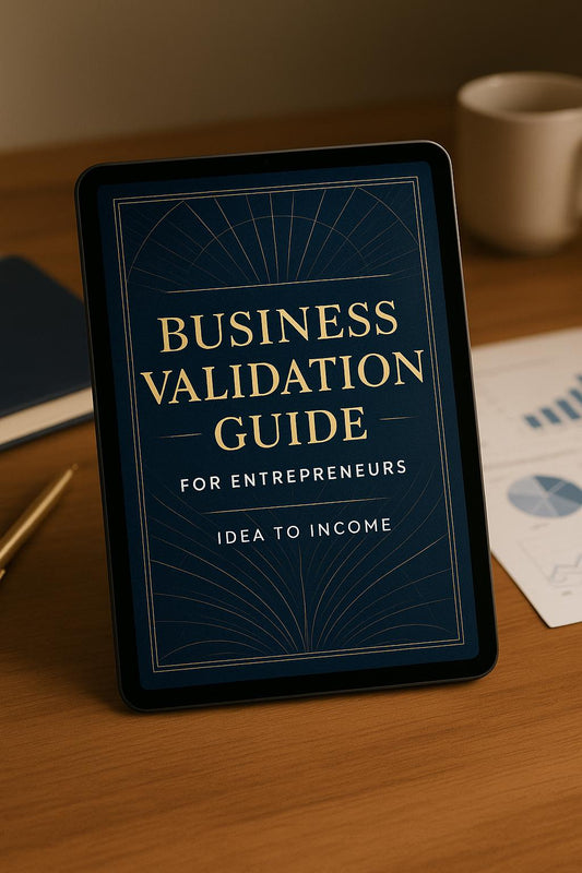 Tablet displaying 'Business Validation Guide for Entrepreneurs' on a wooden surface with a cup and papers in the background.