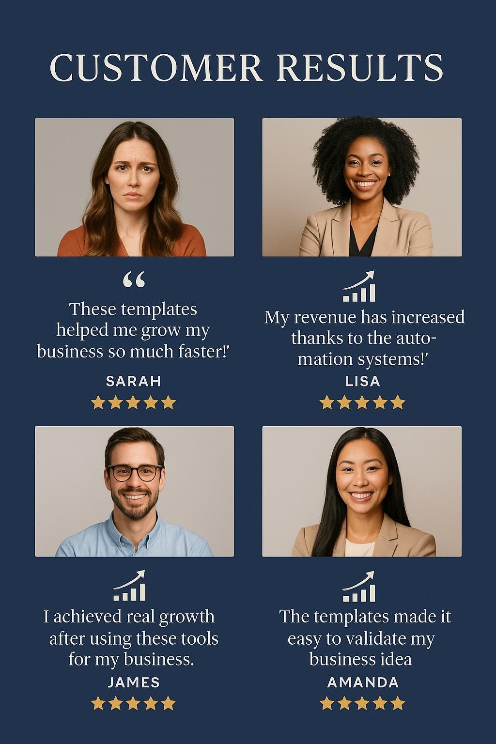 Four testimonials from customers with their names and quotes on a blue background