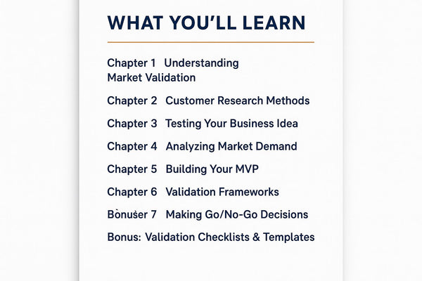 Course outline for market validation and business idea testing on a white background