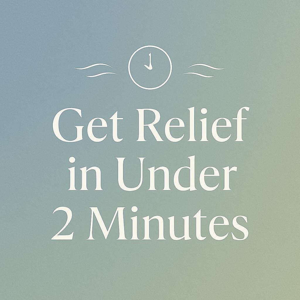 Text 'Get Relief in Under 2 Minutes' with a clock icon on a gradient blue background