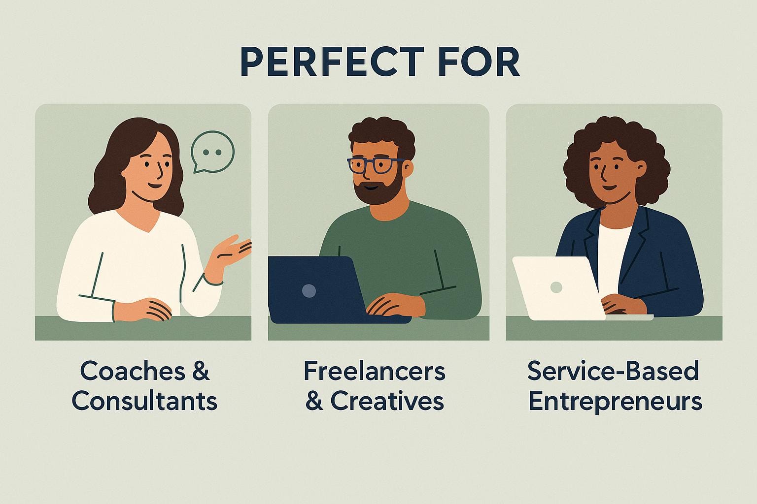 Illustrations of three people using laptops with text indicating suitability for coaches, freelancers, and service-based entrepreneurs.