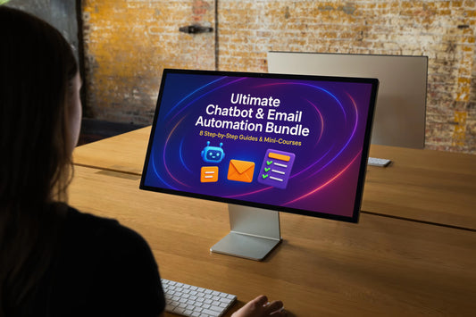 Person using a computer with an 'Ultimate Chatbot & Email Automation Bundle' on the screen in a room with brick walls.