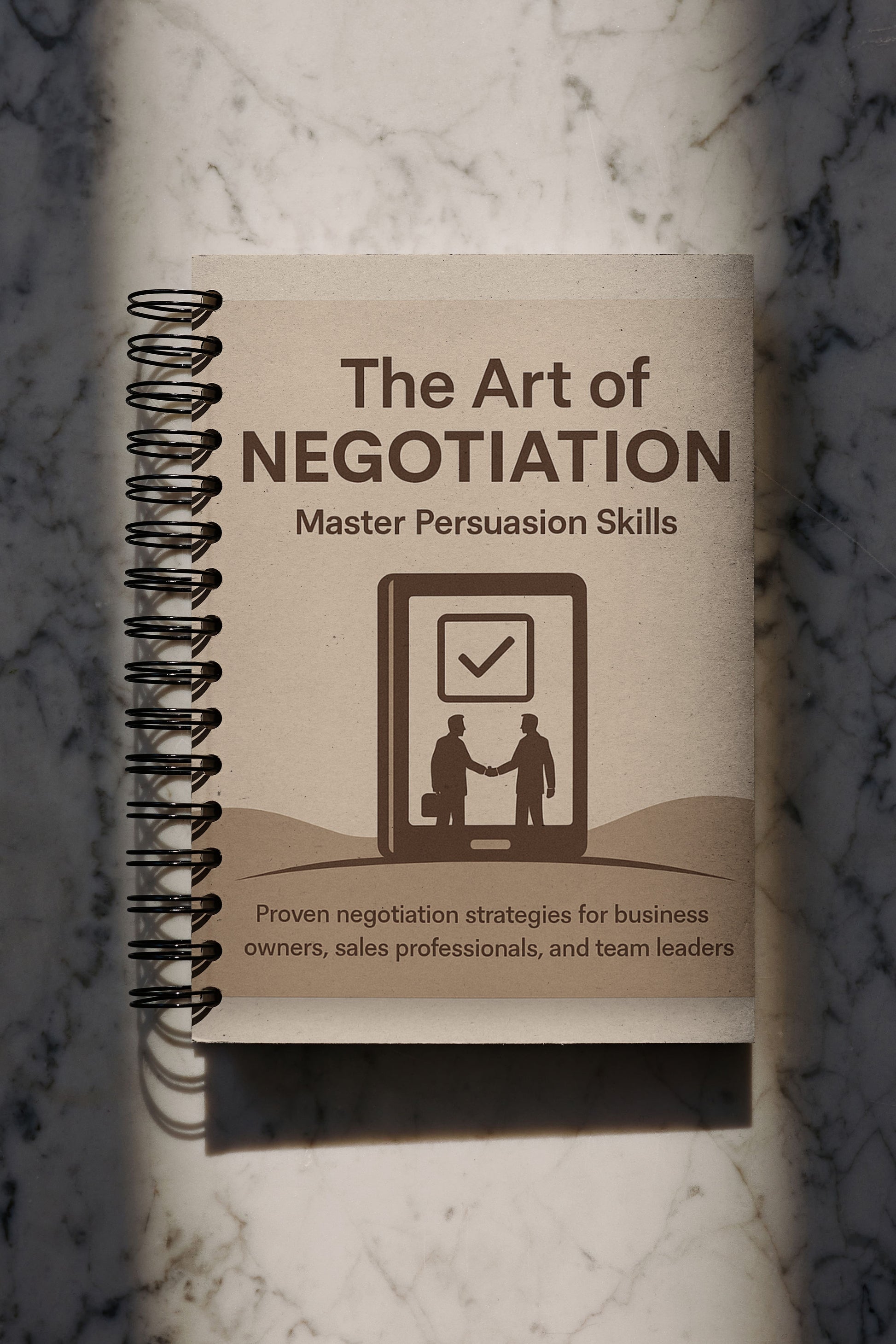 Notebook titled 'The Art of Negotiation' on a marble surface
