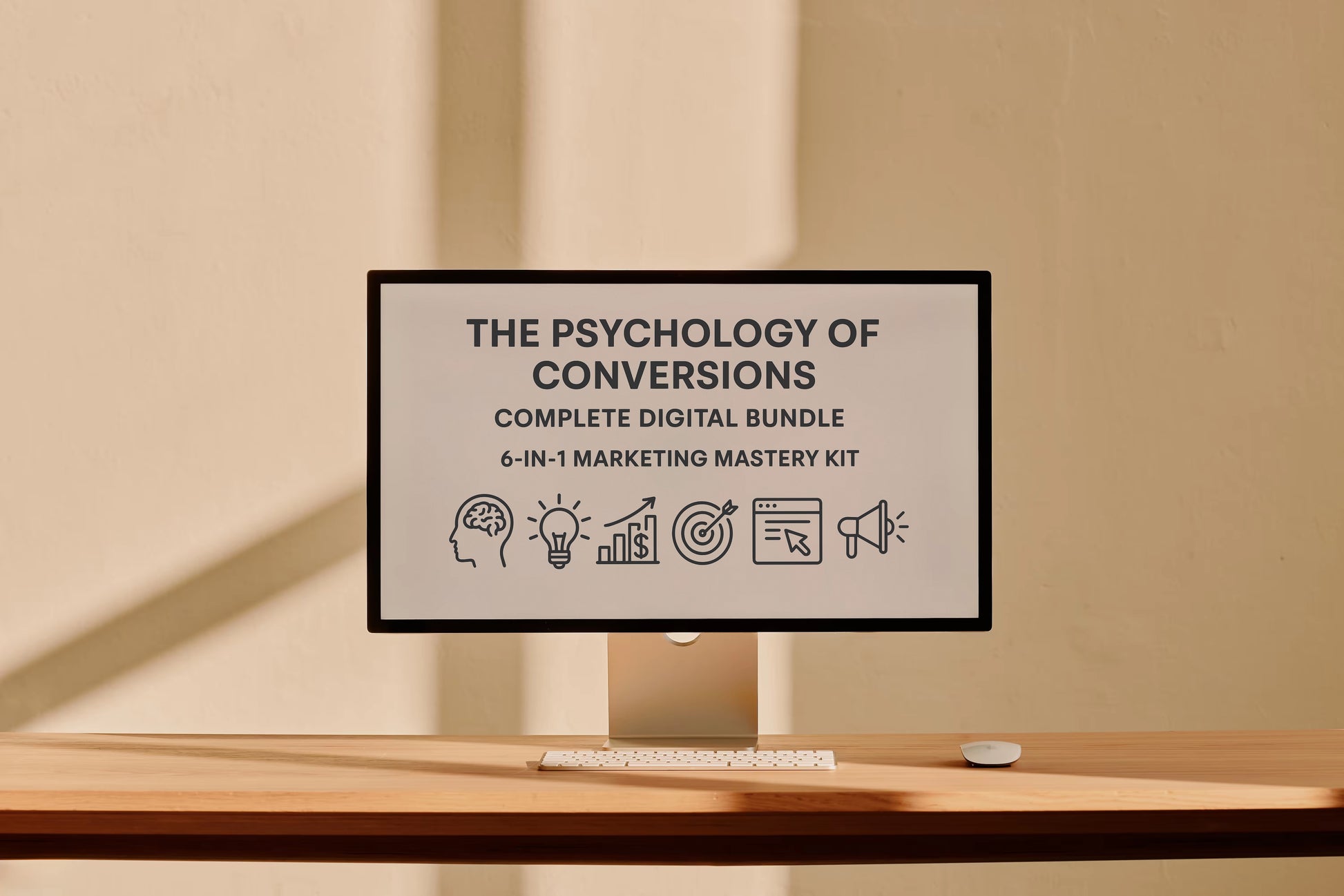 Computer monitor displaying 'The Psychology of Conversions' digital bundle on a desk.