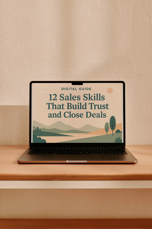 A sleek, minimal landscape banner featuring a harmonious blend of soft colors and abstract shapes, symbolizing the essence of trust in sales. The banner prominently displays the text '12 Sales Skills That Build Trust and Close Deals' in a modern font, emphasizing clarity and professionalism, designed to promote a digital guide.
