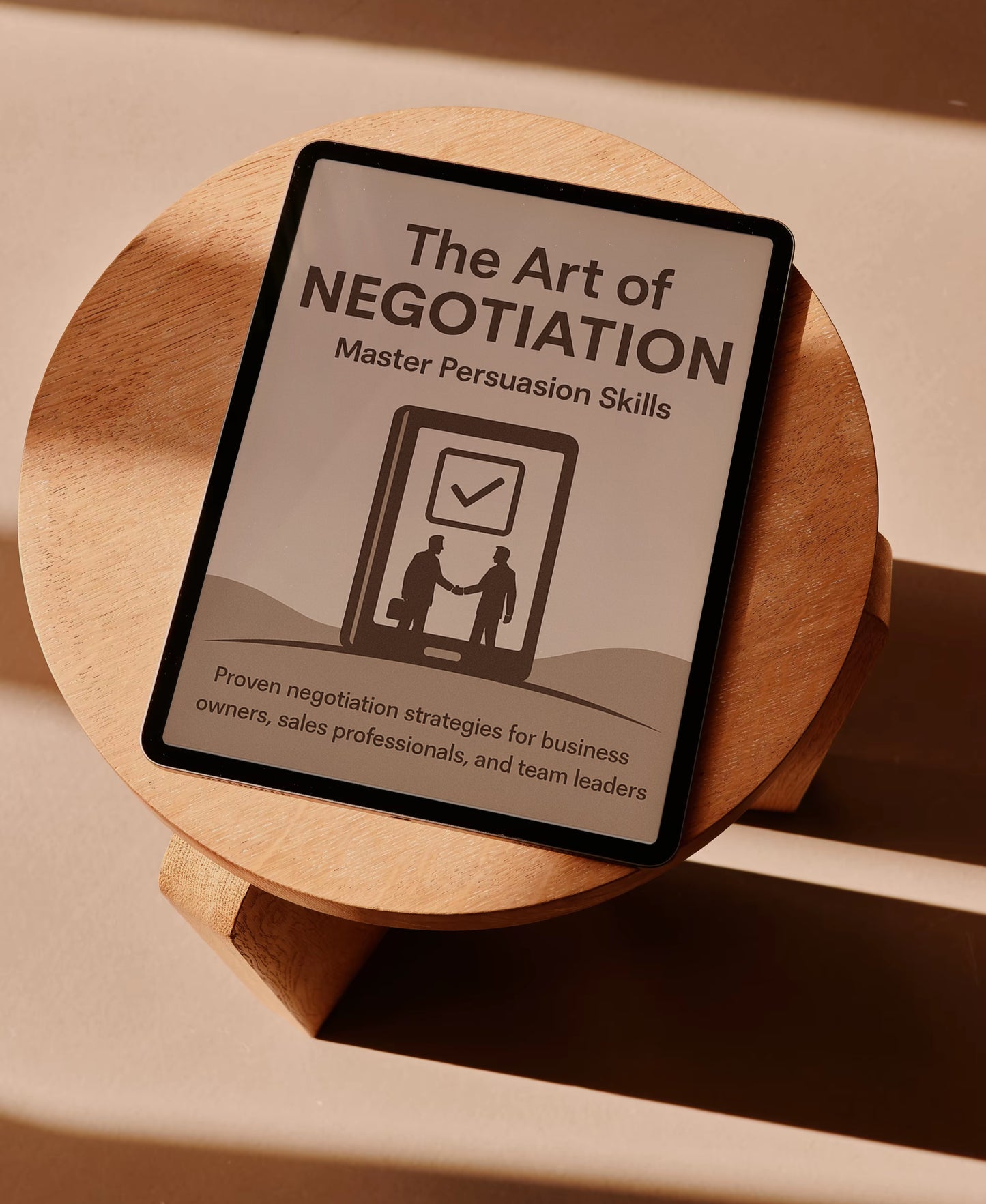 Book titled 'The Art of Negotiation' on a wooden stand with a warm color palette.