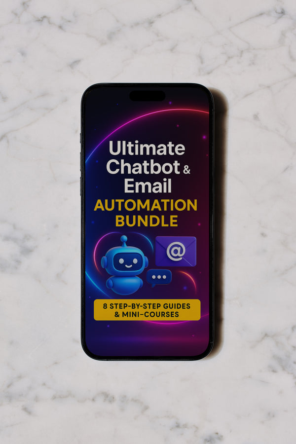 Phone displaying 'Ultimate Chatbot & Email Automation Bundle' on a marble background