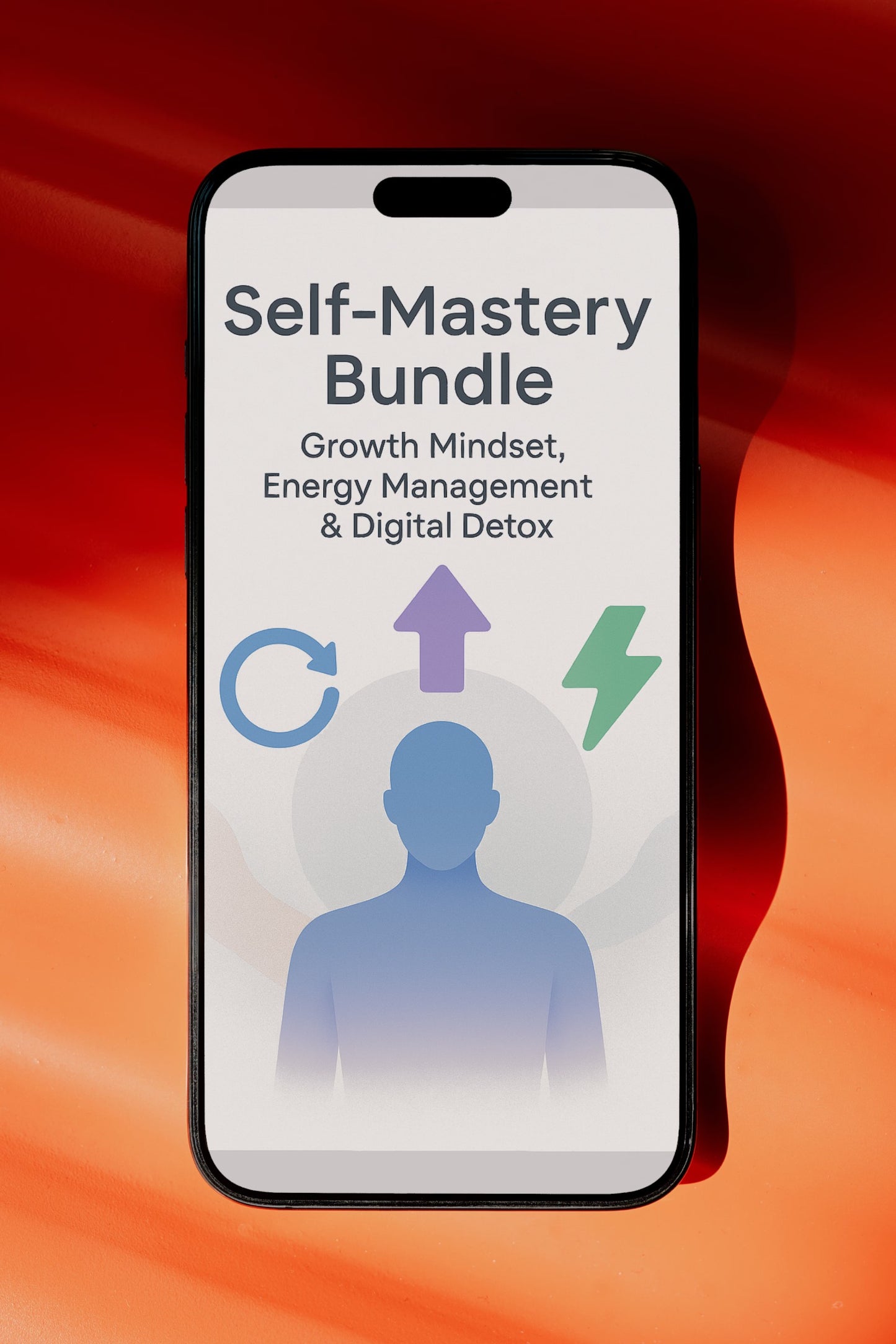 Phone displaying 'Self-Mastery Bundle' with icons on a red and orange gradient background